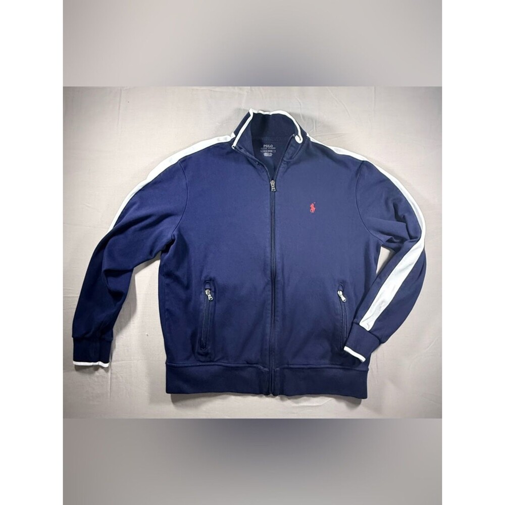 Polo Ralph Lauren Men's Double-Knit Track Jacket Navy Blue White Stripe Size L